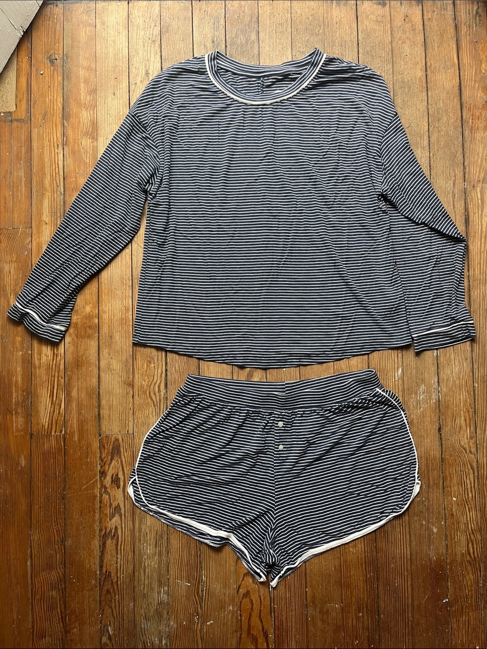 stars above Navy and White Striped Long-Sleeve PJ Set